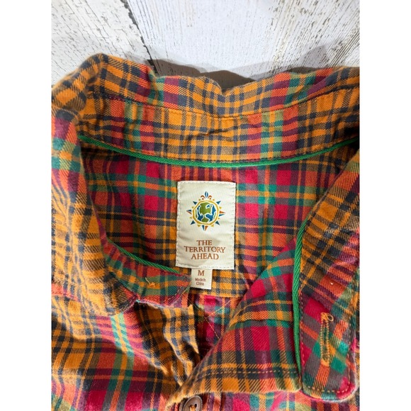 The Territory Ahead Mens Flannel Shirt Size Medium Orange Plaid Roll Tab Sleeve - Picture 4 of 9